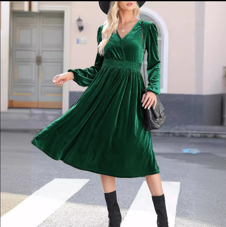Solid Long Sleeve V-Neck Pleated High Waist A-Line Midi Dress