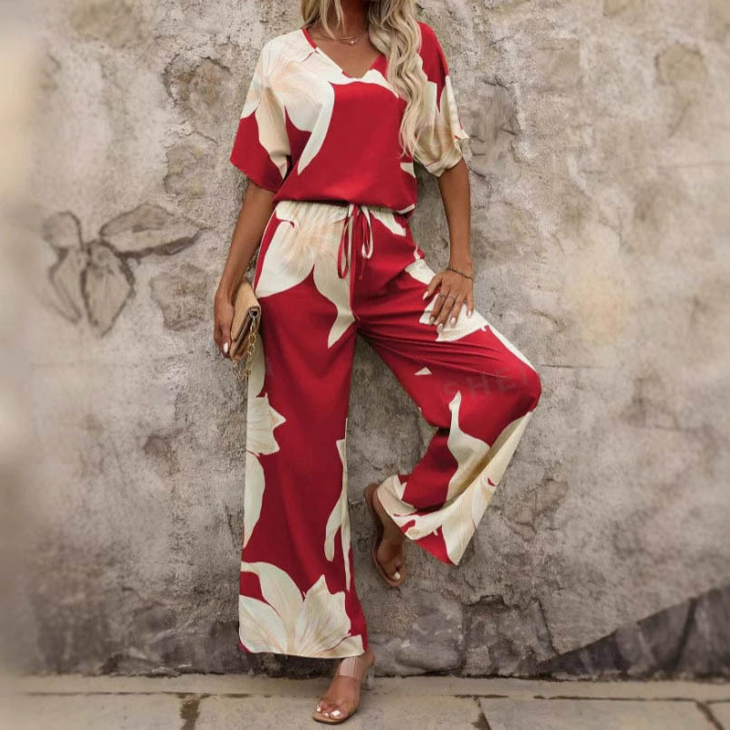 Women's Printed Casual Two-Piece Set Short Sleeve T-Shirt & Wide-Leg Pants