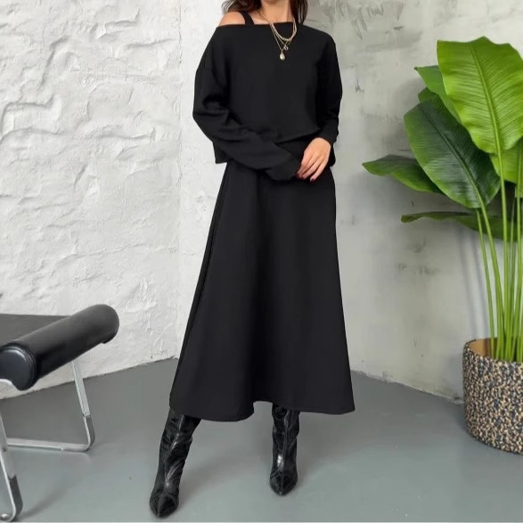 Off-Shoulder Knit Top and Long Skirt Two-Piece Set