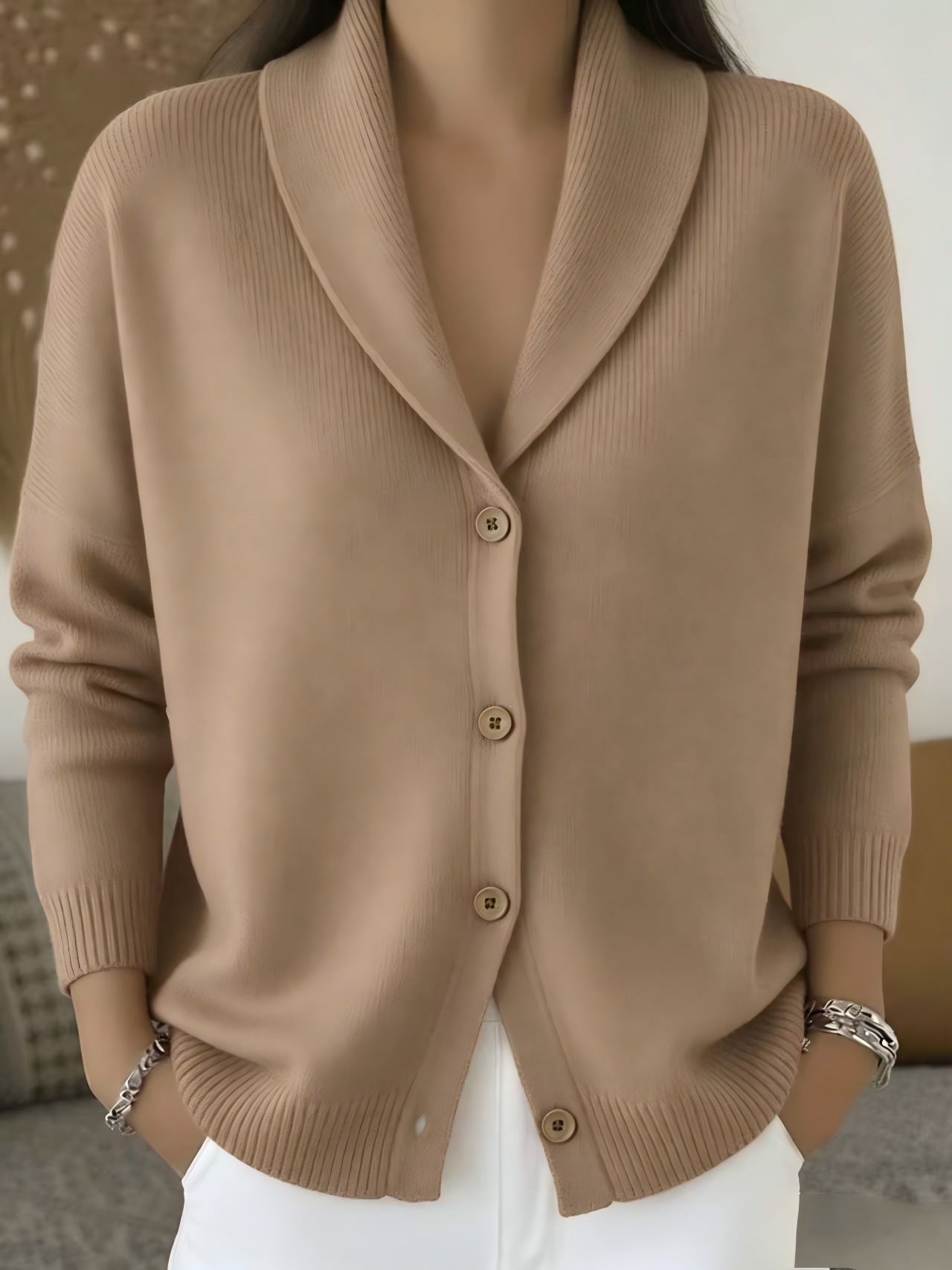 Button-Front Knit Cardigan Sweater with Collar, Solid Color, Casual