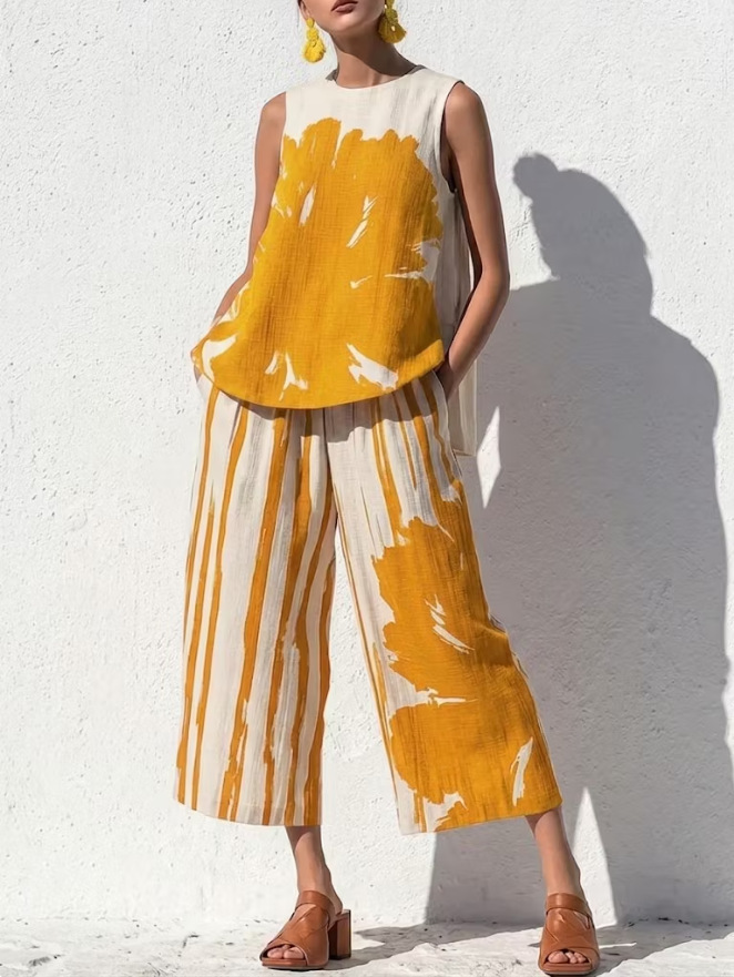 Women's Loose Floral Print Top & Wide-Leg Capri Two-Piece Set