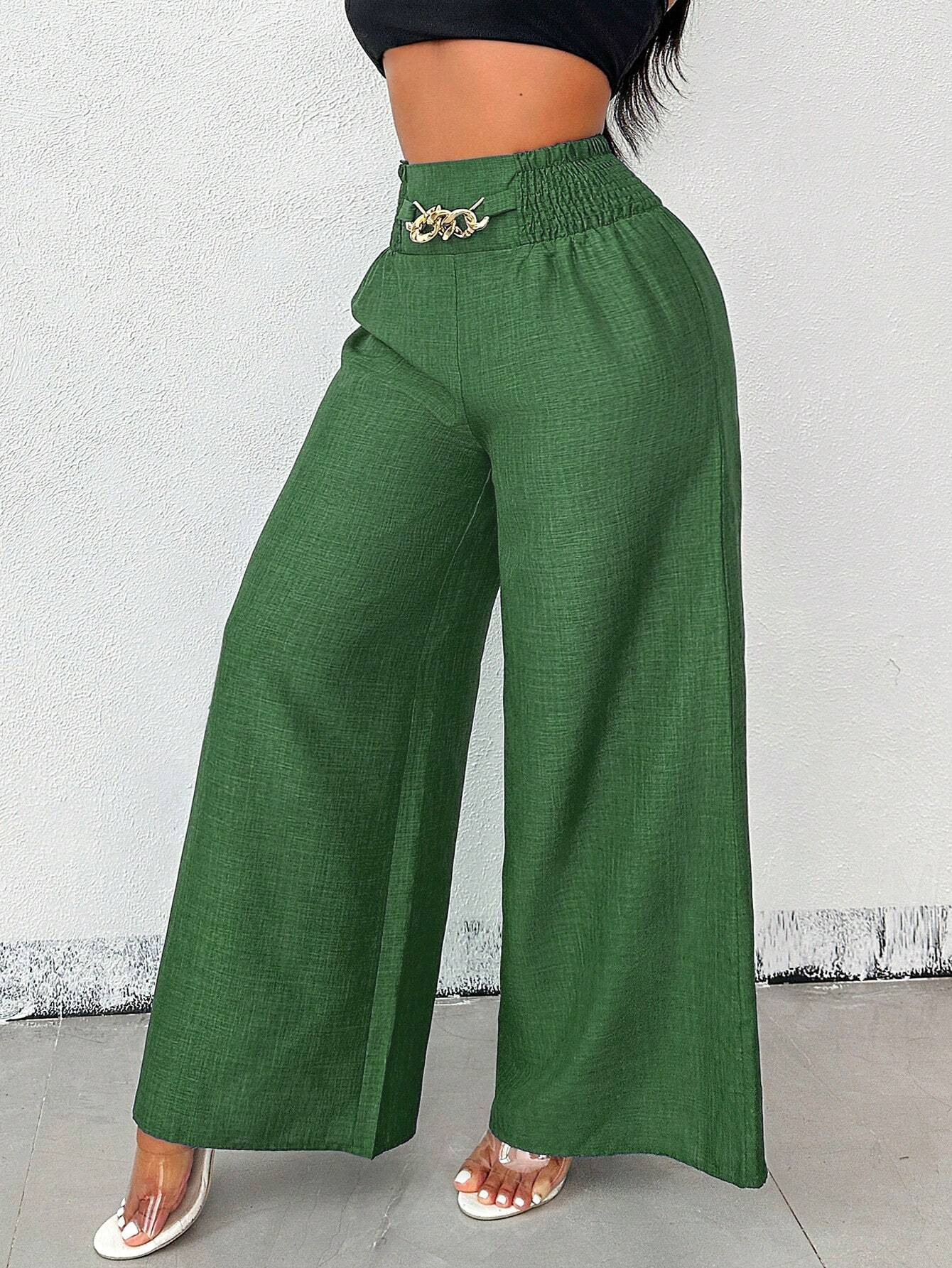 Women's High-Waist Wide-Leg Pants with Elastic Waist and Chain Detail