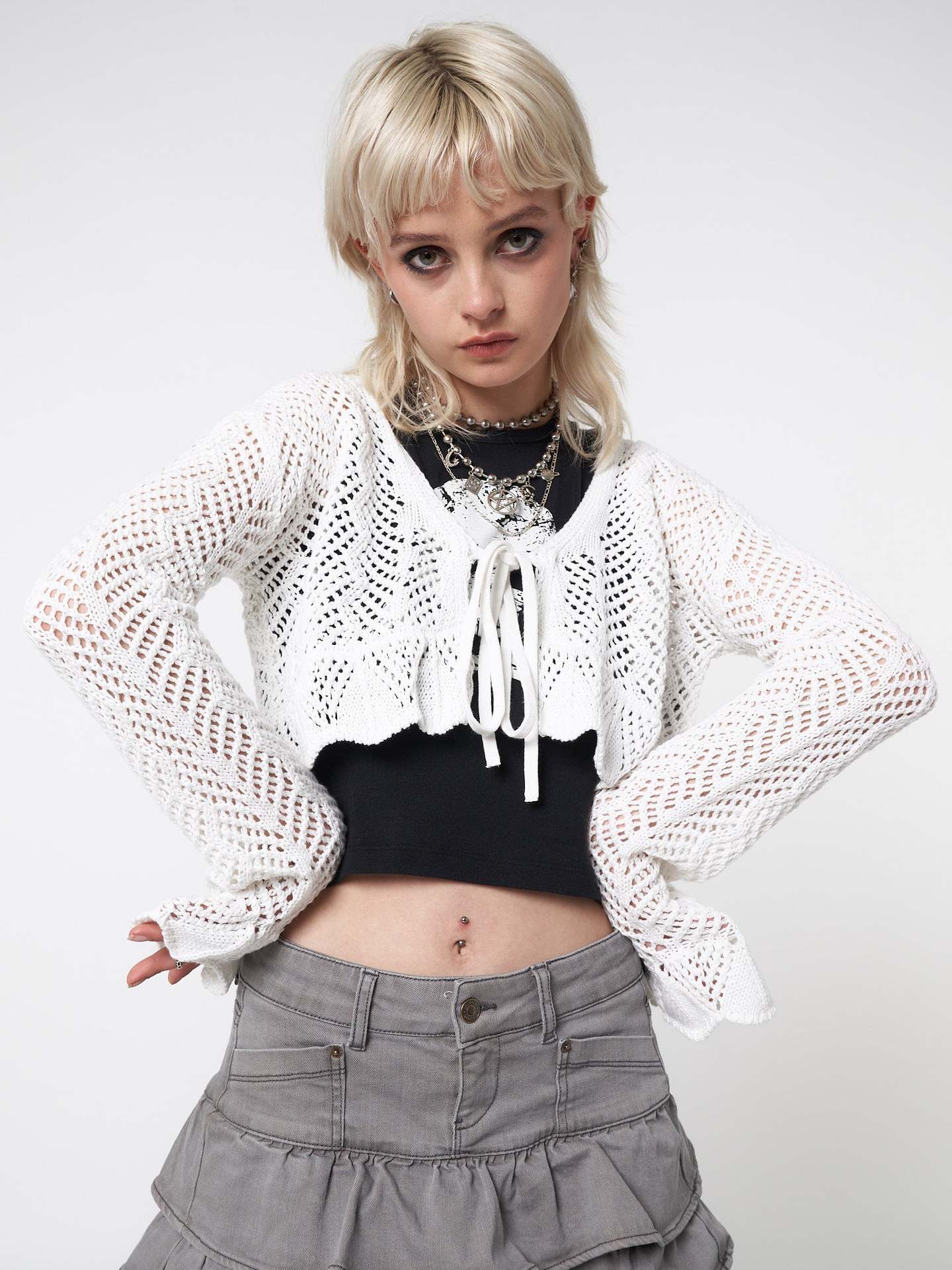 Women's Open-Knit V-Neck Tie-Front Bell-Sleeve Cardigan