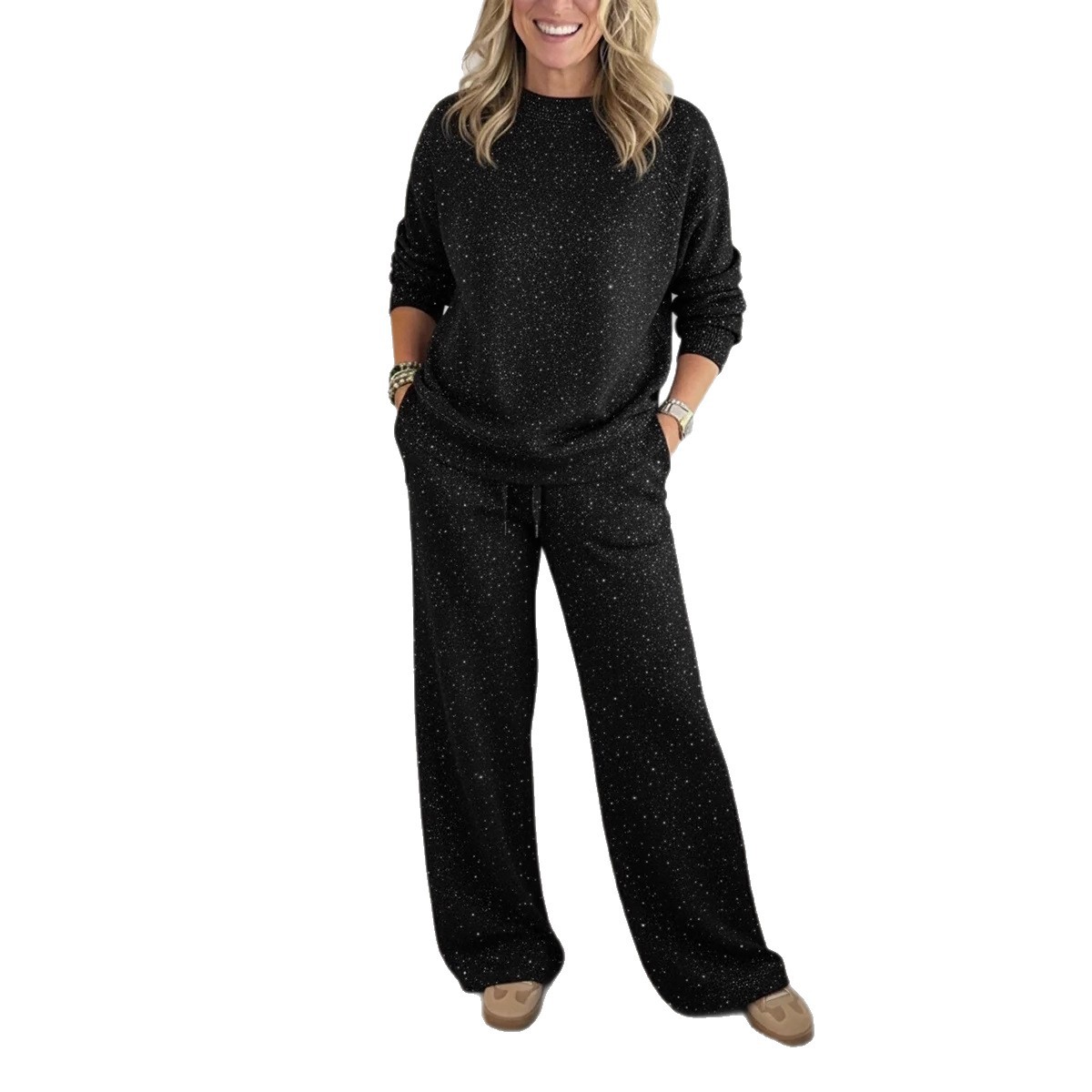 Women's Long-Sleeve Crewneck Top and Drawstring Pants Set