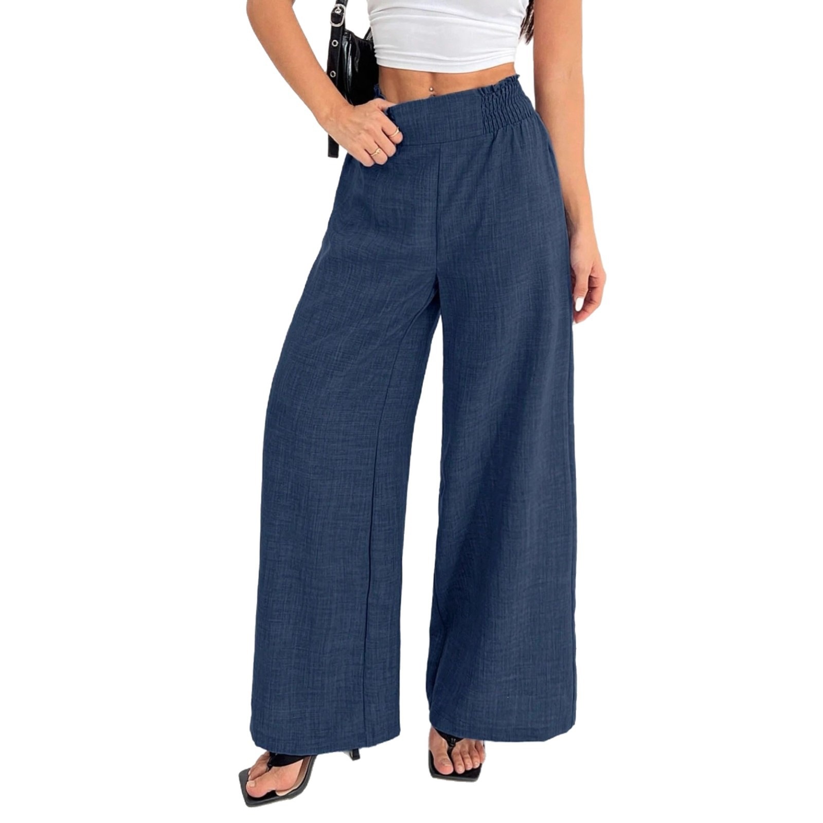 Women's Wide-Leg Pants Elastic Waist Loose Straight-Leg
