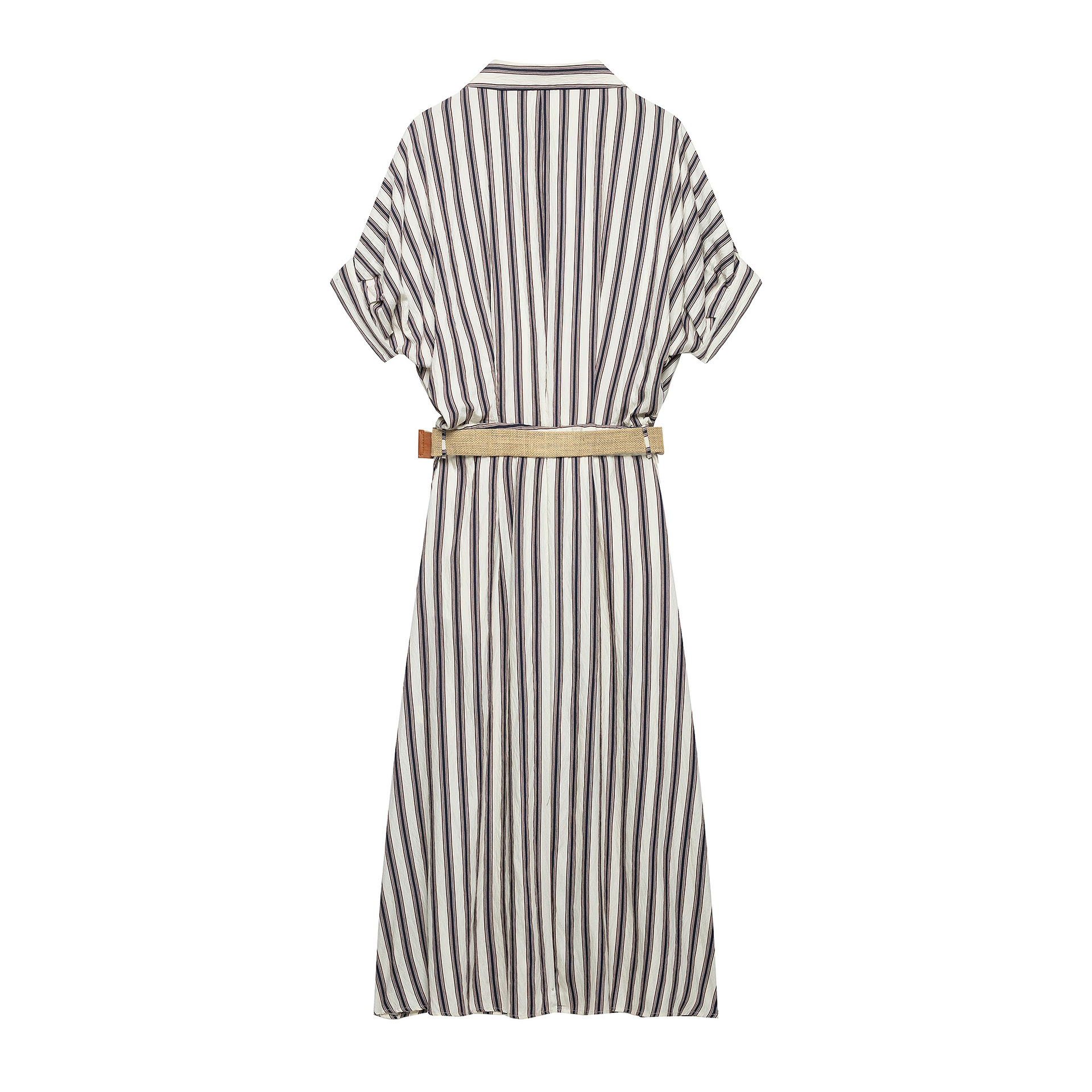Striped Print Button-Front Shirt Dress Casual Midi