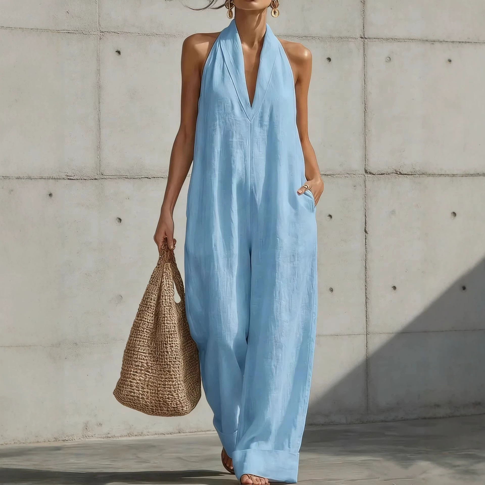 Women's Sleeveless Halter Wide-Leg Jumpsuit Solid Color Linen-Blend Long Pants