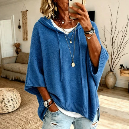 Women's Knit Hooded Drawstring Sweater Loose Fit