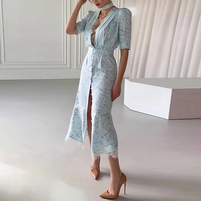 Women's V-Neck Floral Lace Panel Dress