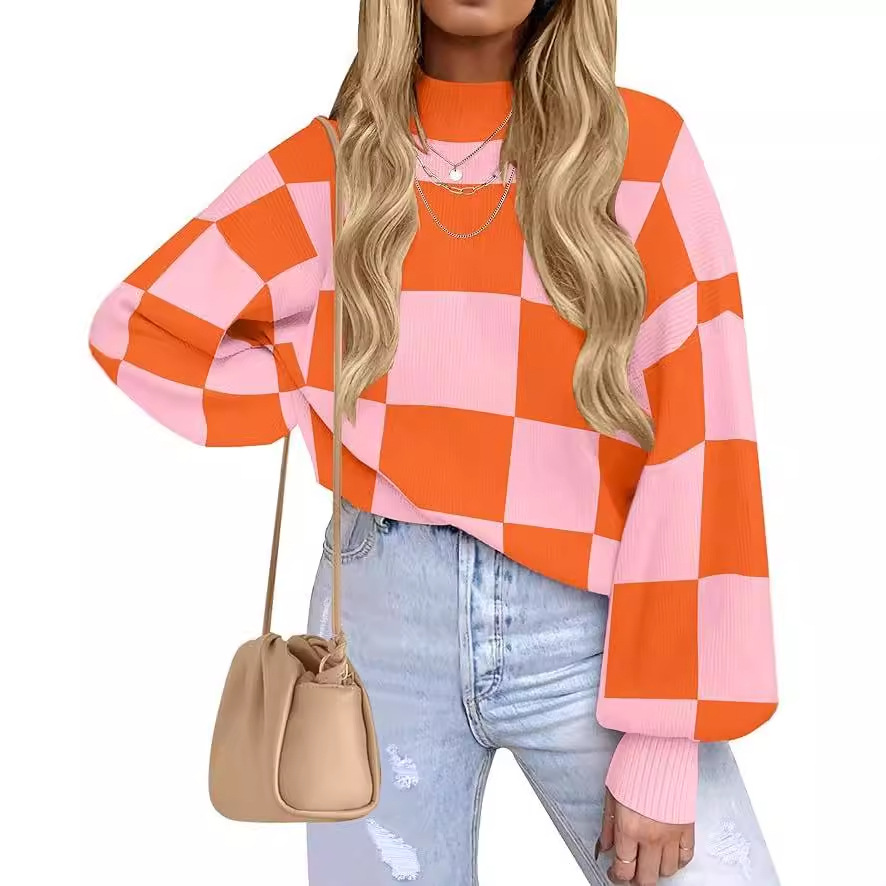 Women's Striped Ribbed Knit Turtleneck Long Sleeve Loose Pullover Sweater
