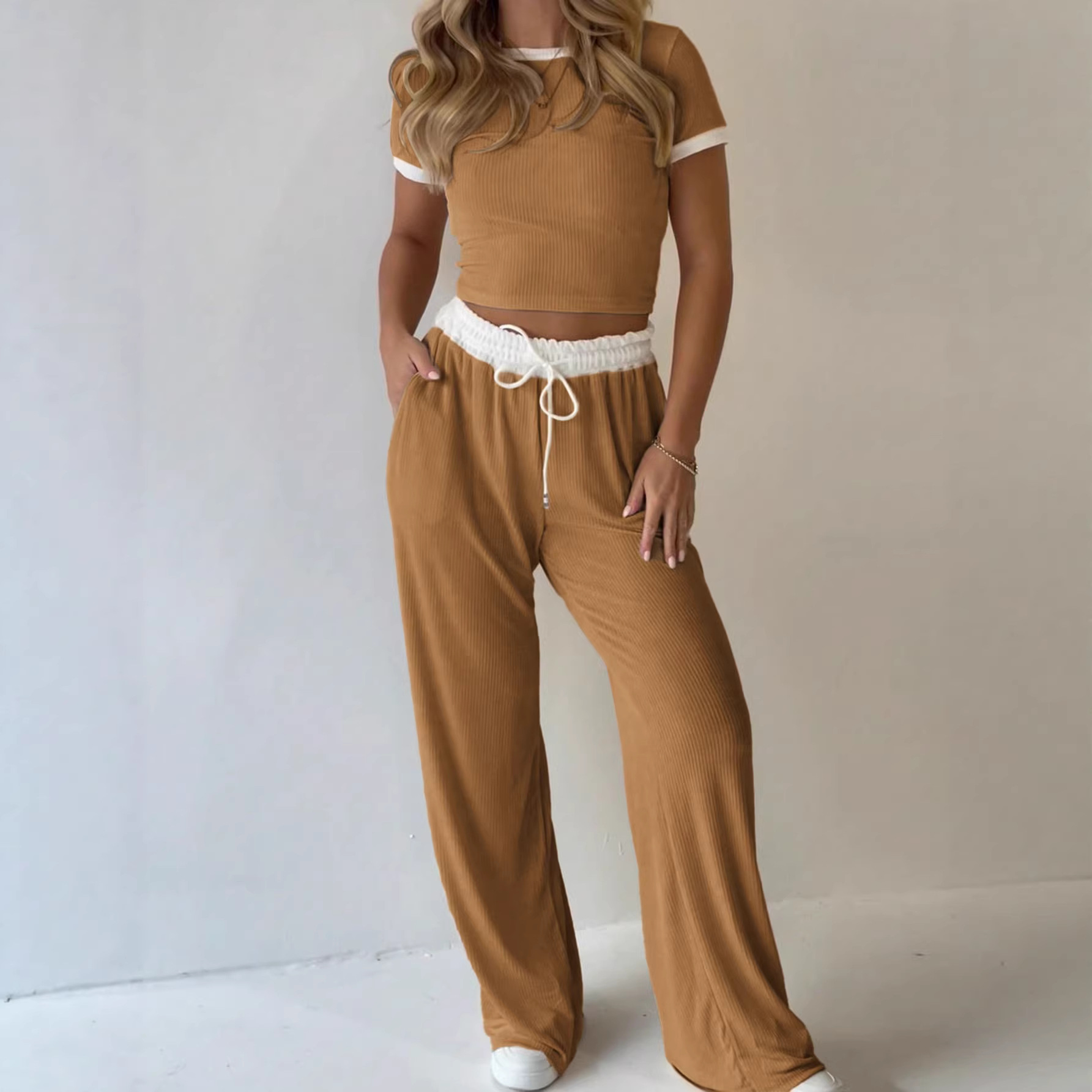 Women's Short Sleeve Wide Leg Two Piece Pants Set Casual Solid Color