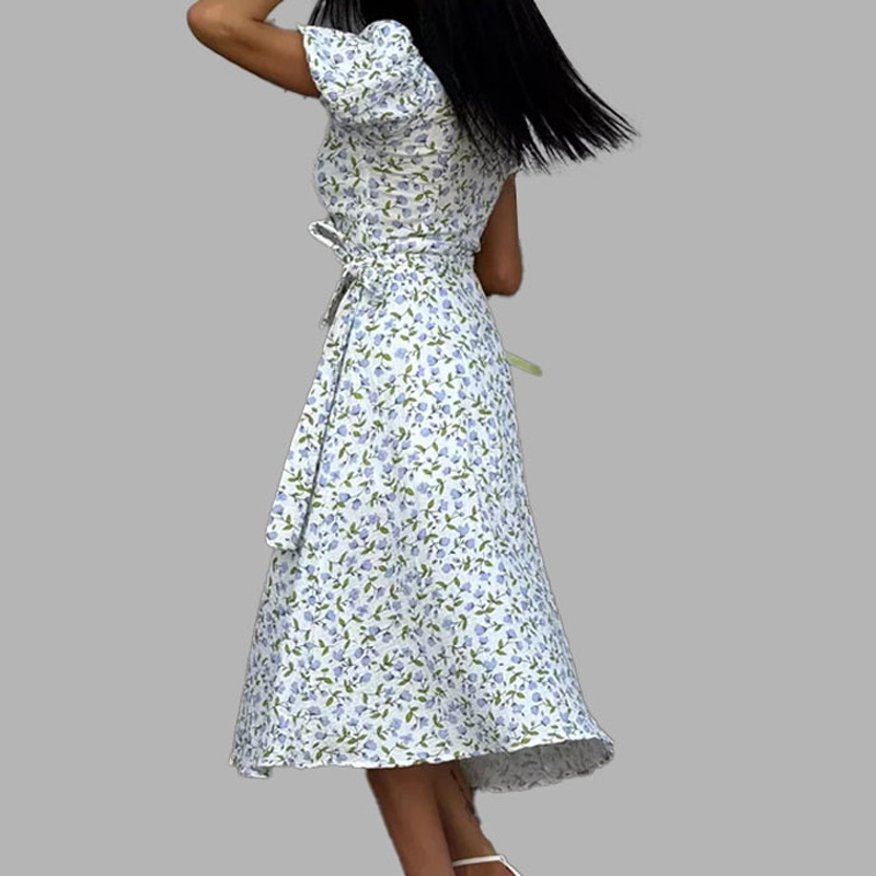 Floral Print Puff Sleeve High Waist Long Dress