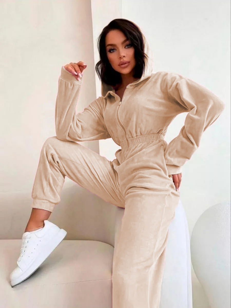 Women's Velvet Long Sleeve Jumpsuit with Half Placket and Elastic Waist