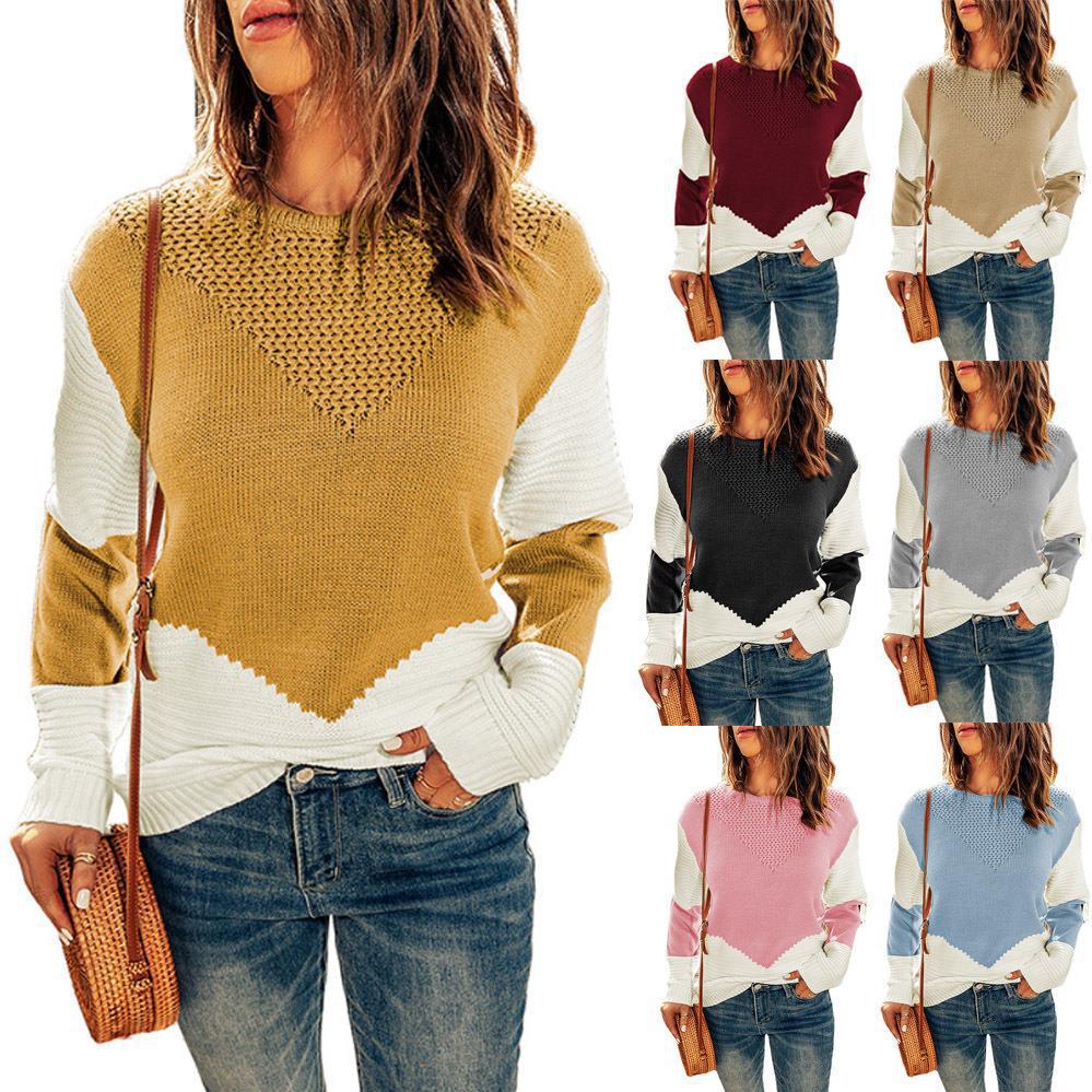 Women's Color-Block Crewneck Knit Sweater Long-Sleeve Pullover