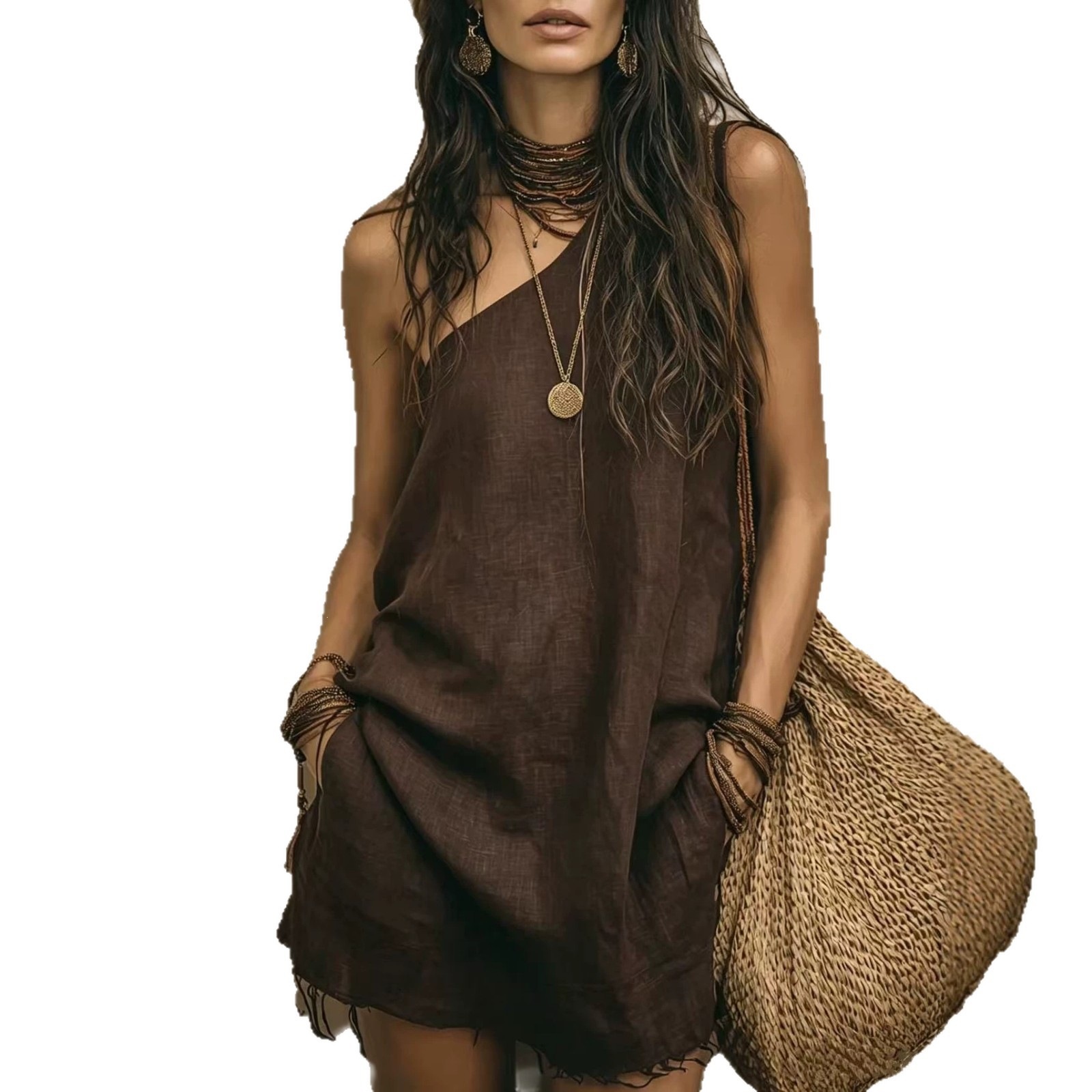 Sleeveless One-Shoulder Asymmetric Solid Boho Fringe Mini Dress