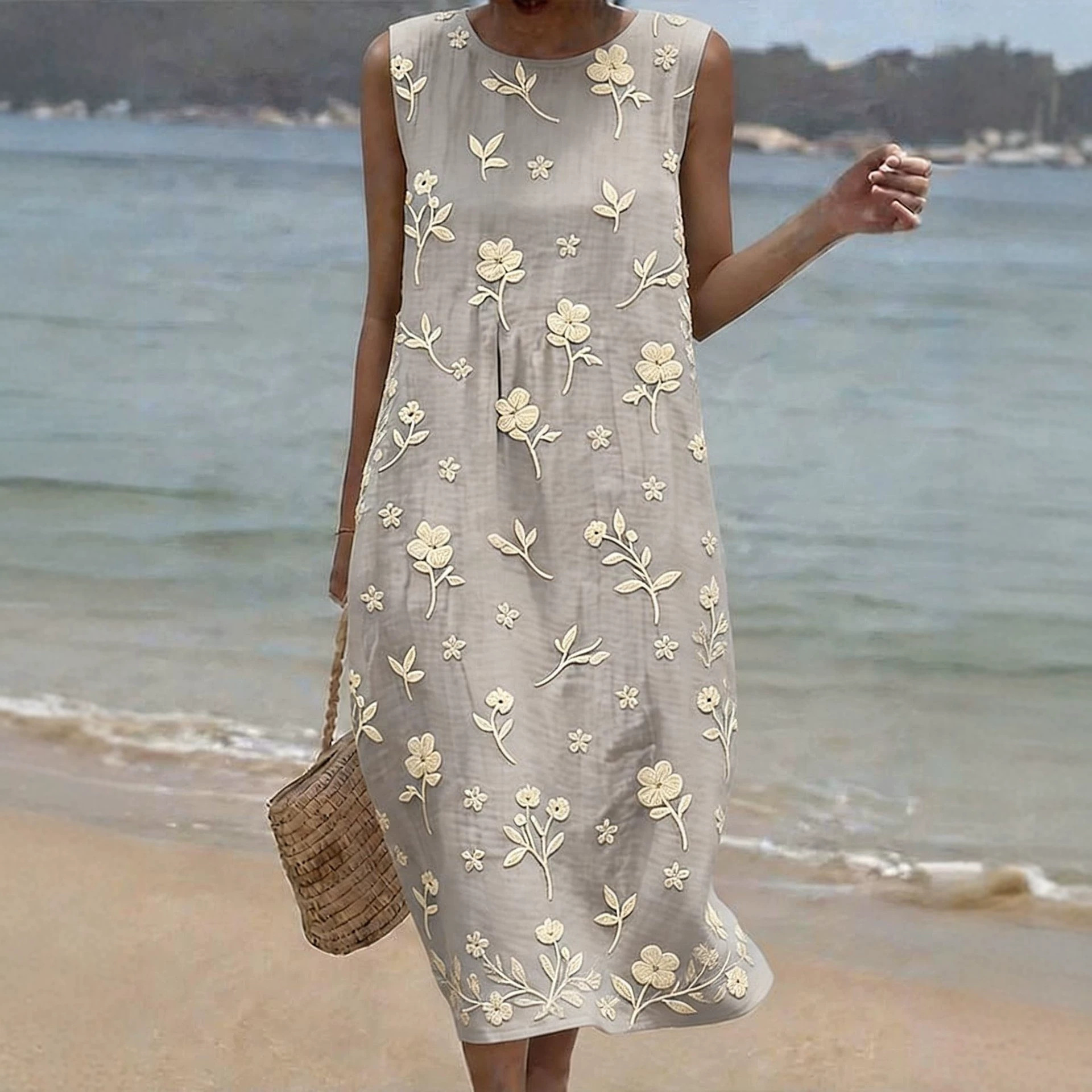 Women's Vintage Patterned Sleeveless Midi Dress