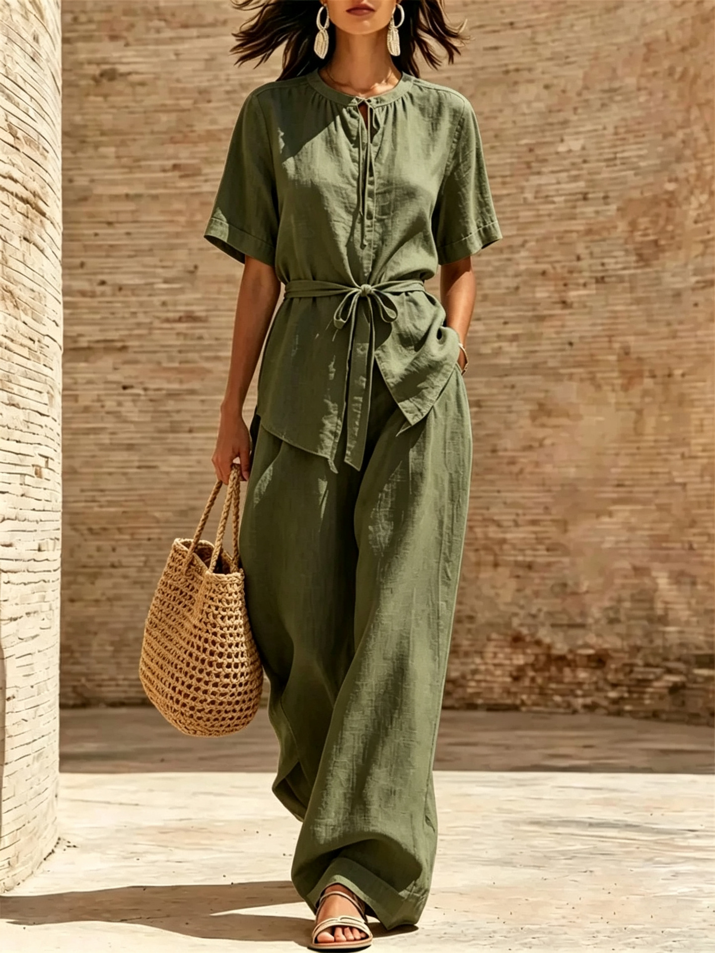 Linen-Blend Solid Tie-Front Short-Sleeve Wide-Leg Pants Set