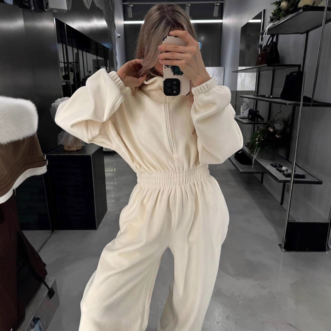 Women's Fleece Zip-Up Jumpsuit with Stand Collar and Wide Legs