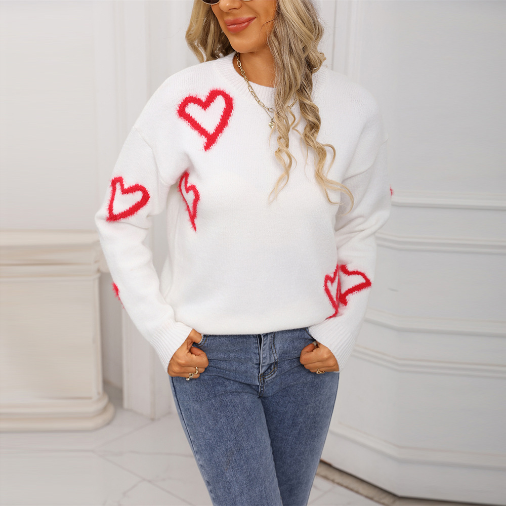 Heart Pattern Crewneck Pullover Sweater Plus Size Knit Top