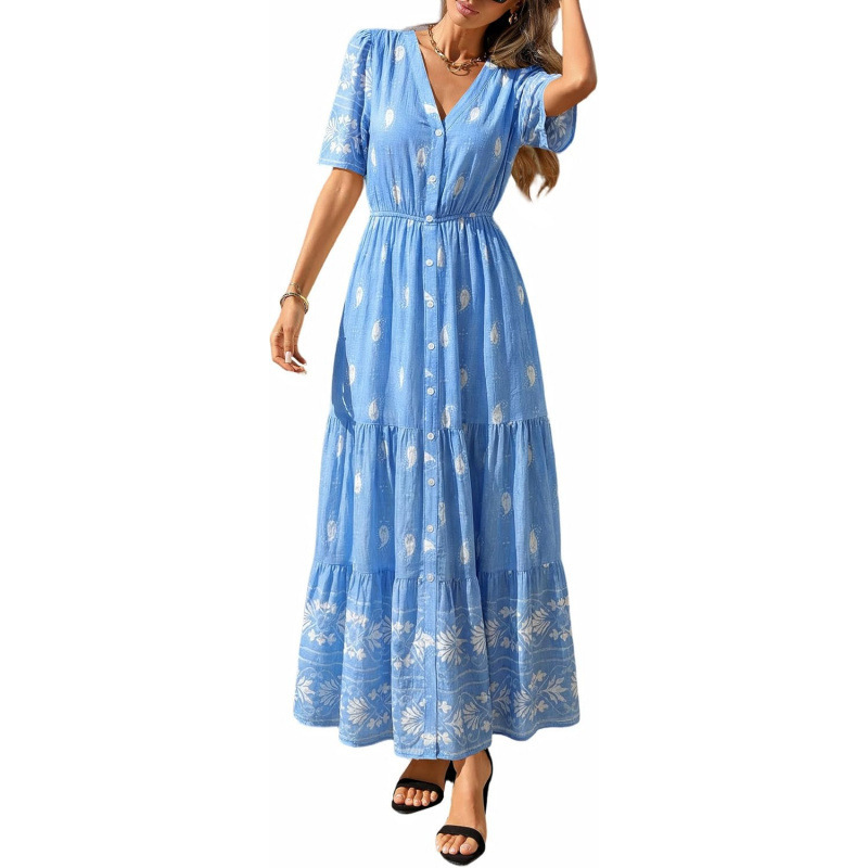 Bohemian V-Neck Short Sleeve Midi Dress Floral Print