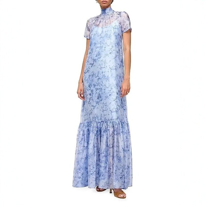Printed Mesh Long Dress with Stand Collar Flowy Two-Piece Set