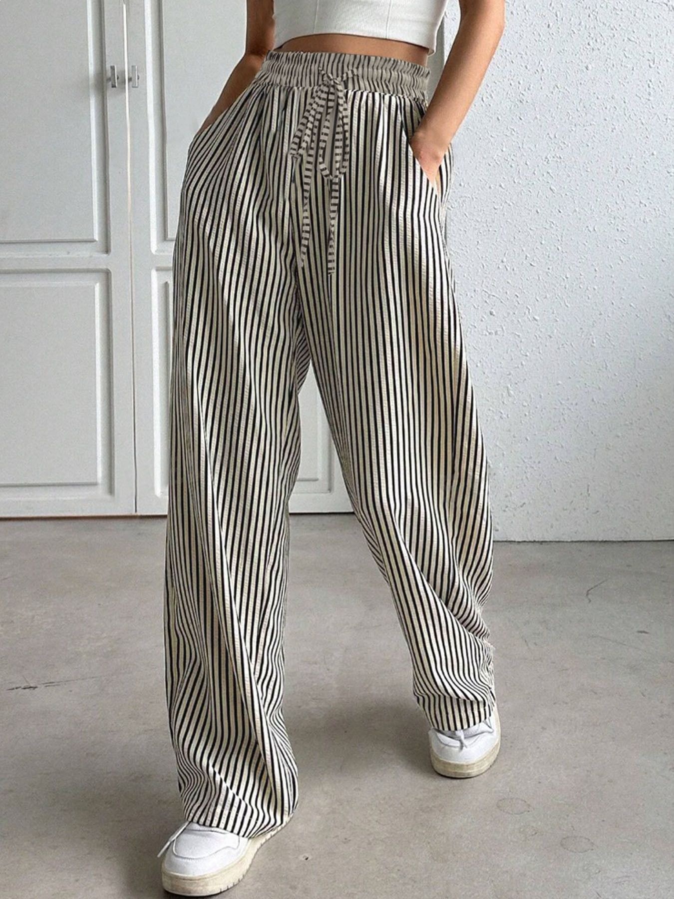 Striped Wide-Leg Drawstring Pants with Pockets