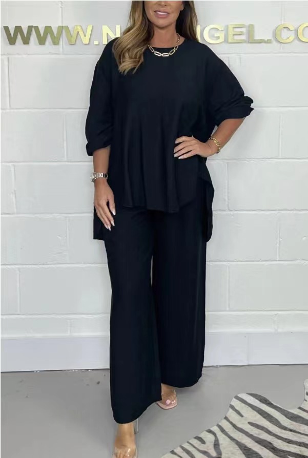 Acetate Satin Wide-Leg Pants Set with Lantern Sleeve Top