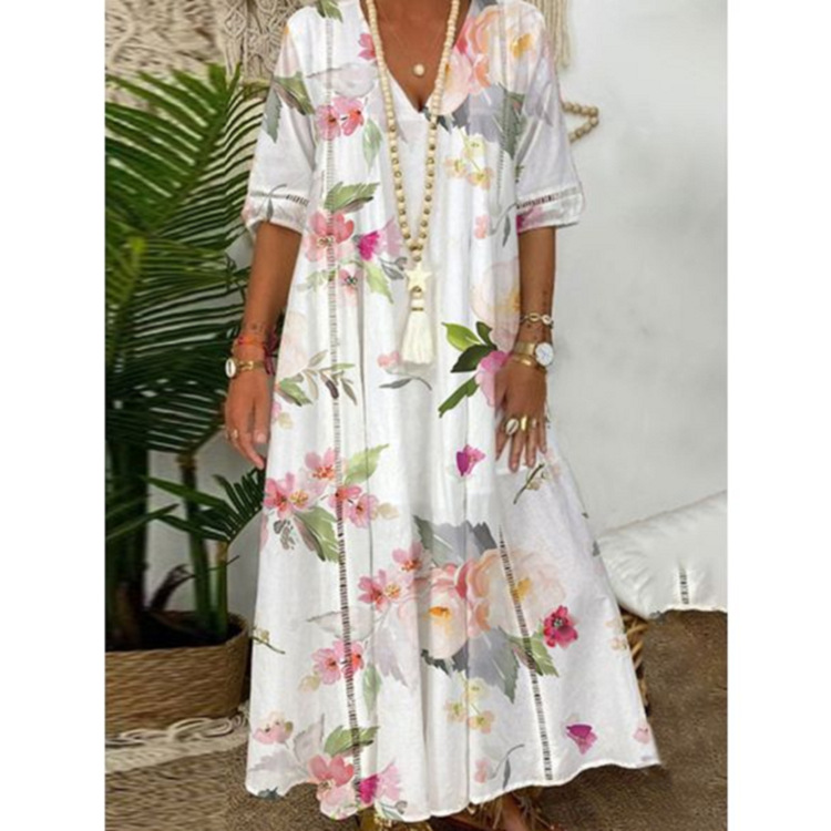Women's Summer Long Sleeve Printed Lace Trim Dress