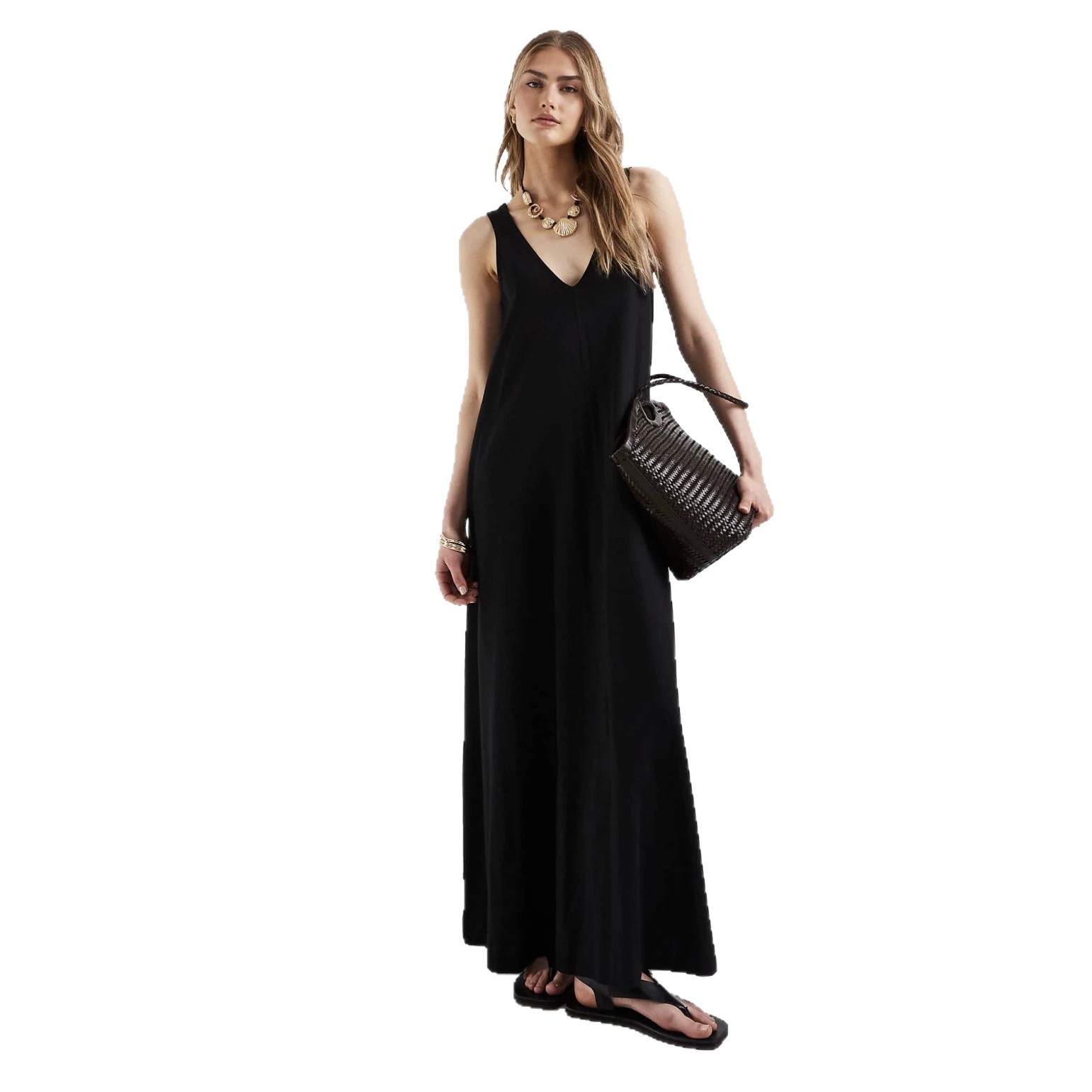 Solid V-Neck Sleeveless Maxi Dress Loose Flowy A-Line