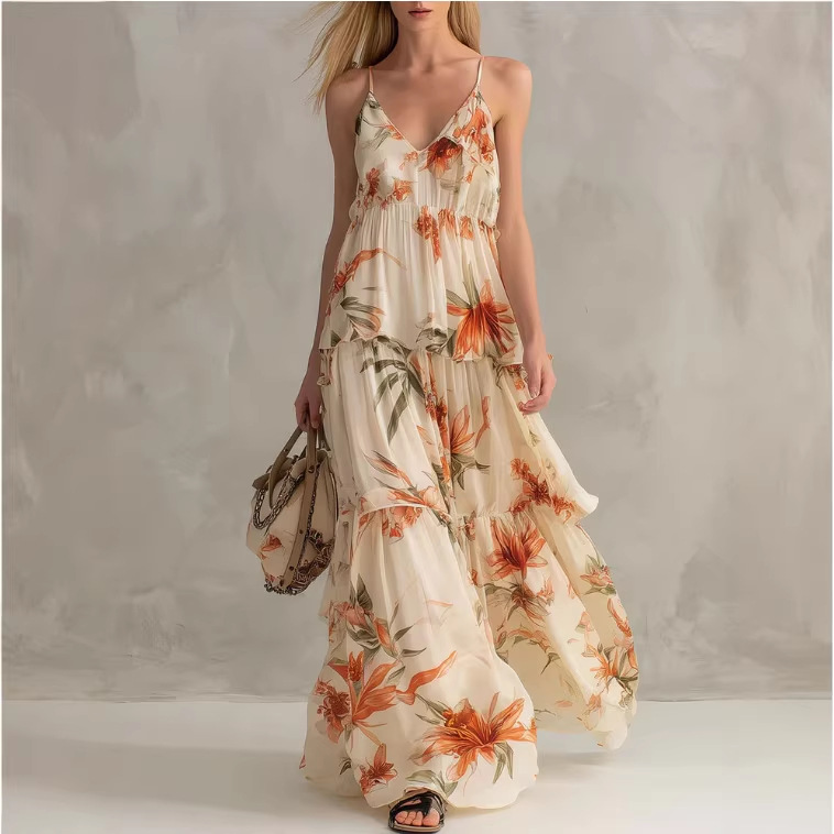 Retro Floral Print Ruffle V-Neck Chiffon Long Dress in Off-White