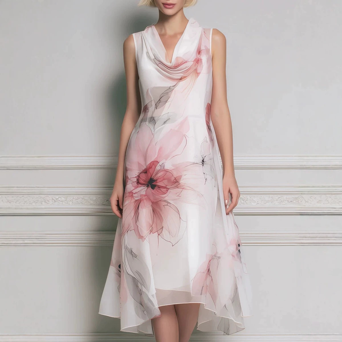 Floral Print Double-Layer Sleeveless High-Waist Maxi Dress