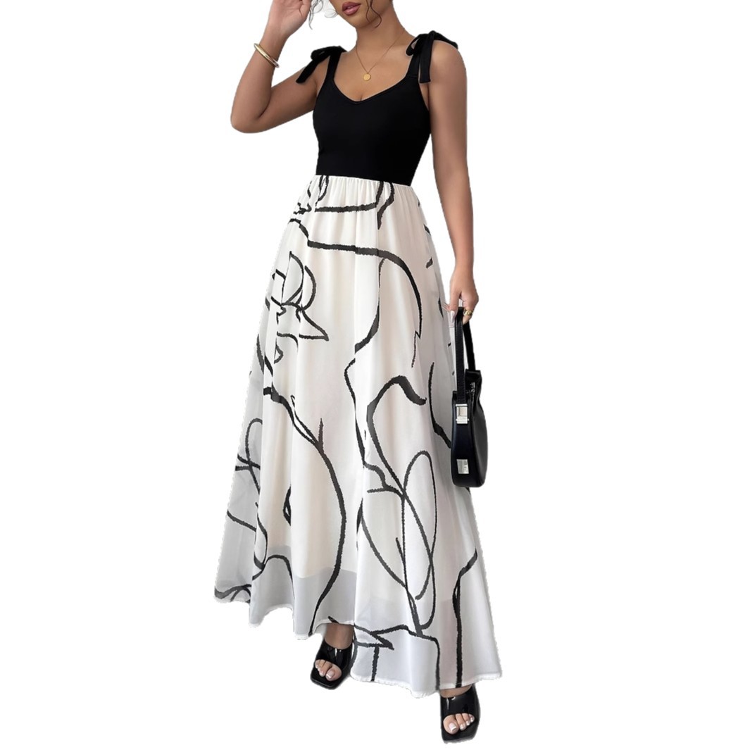 Elegant Floral Print Long Dress Short Sleeve V-Neck A-Line