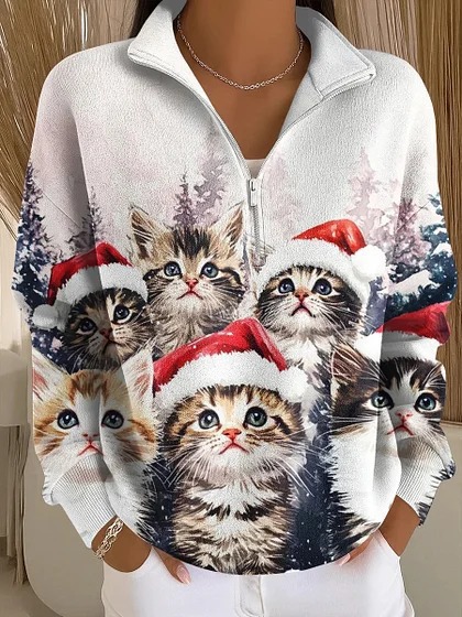 Cat & Moon Print Half-Zip Hoodie for Women