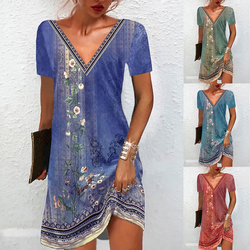 Ethnic Floral Print V-Neck Short Sleeve A-Line Midi Dress