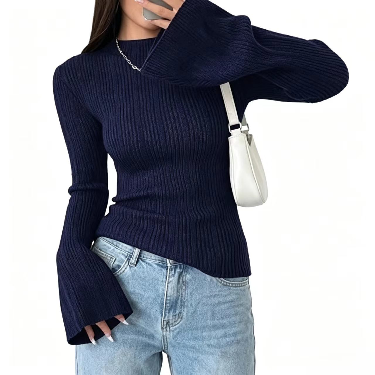 Half Turtleneck Ribbed Flare-Sleeve Knit Top Women Slim Fit Long Sleeve