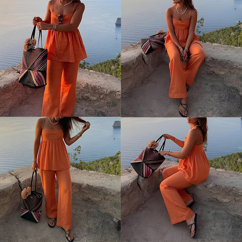 Women's Casual Solid Color Sleeveless Top and Straight-Leg Pants Set
