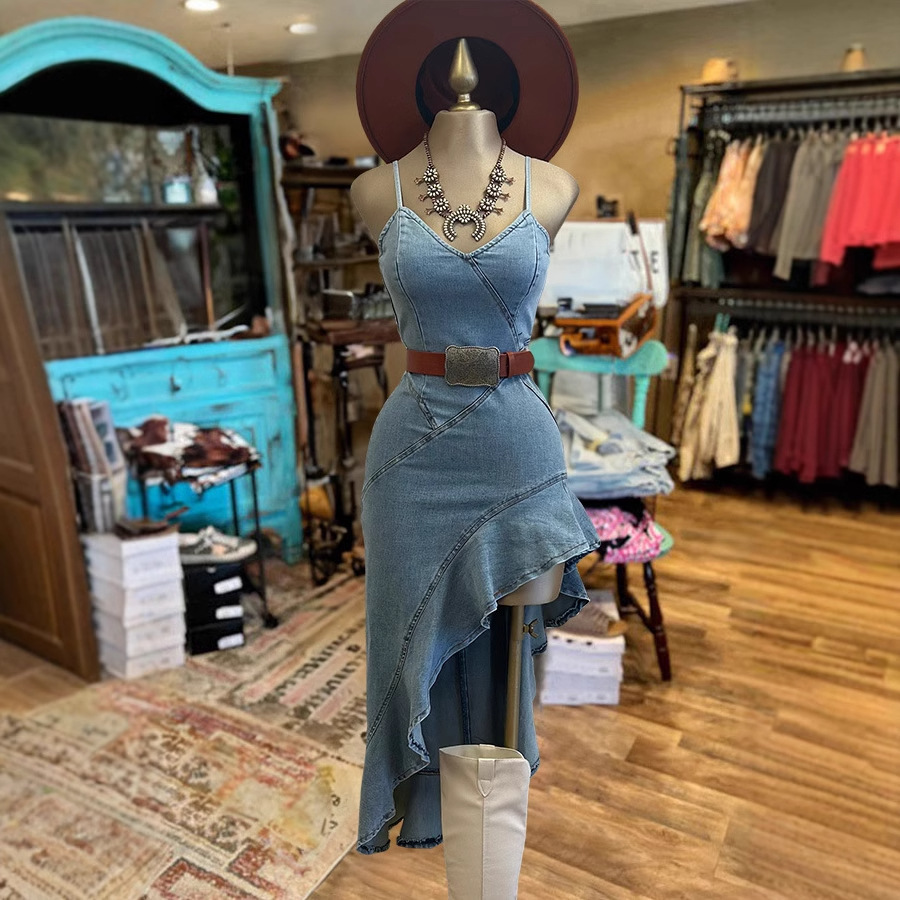 Women's Sleeveless Denim Dress Square Neck High Waist Asymmetrical Hem