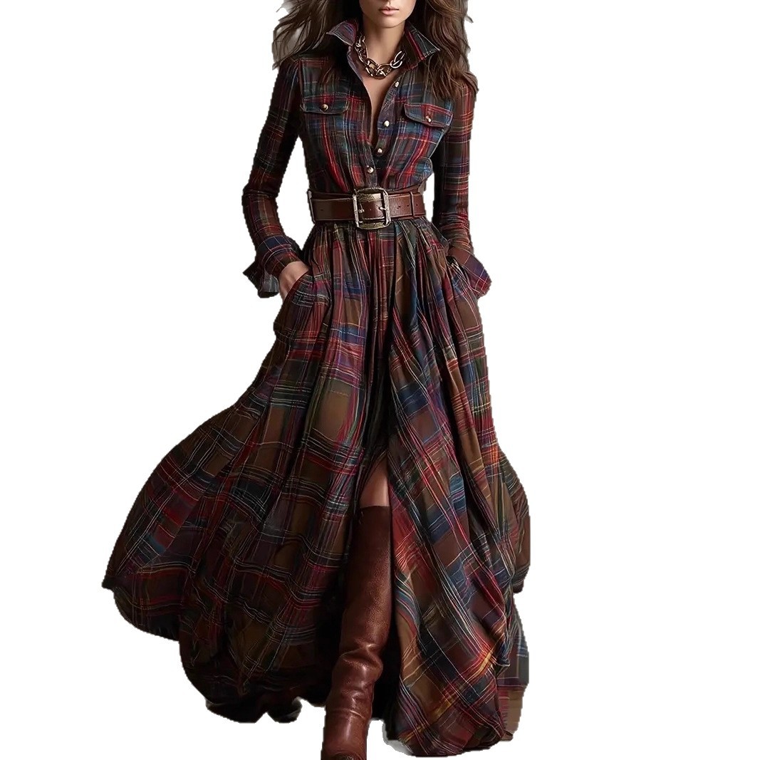 French Vintage Plaid Irregular Shirt Dress with Belt