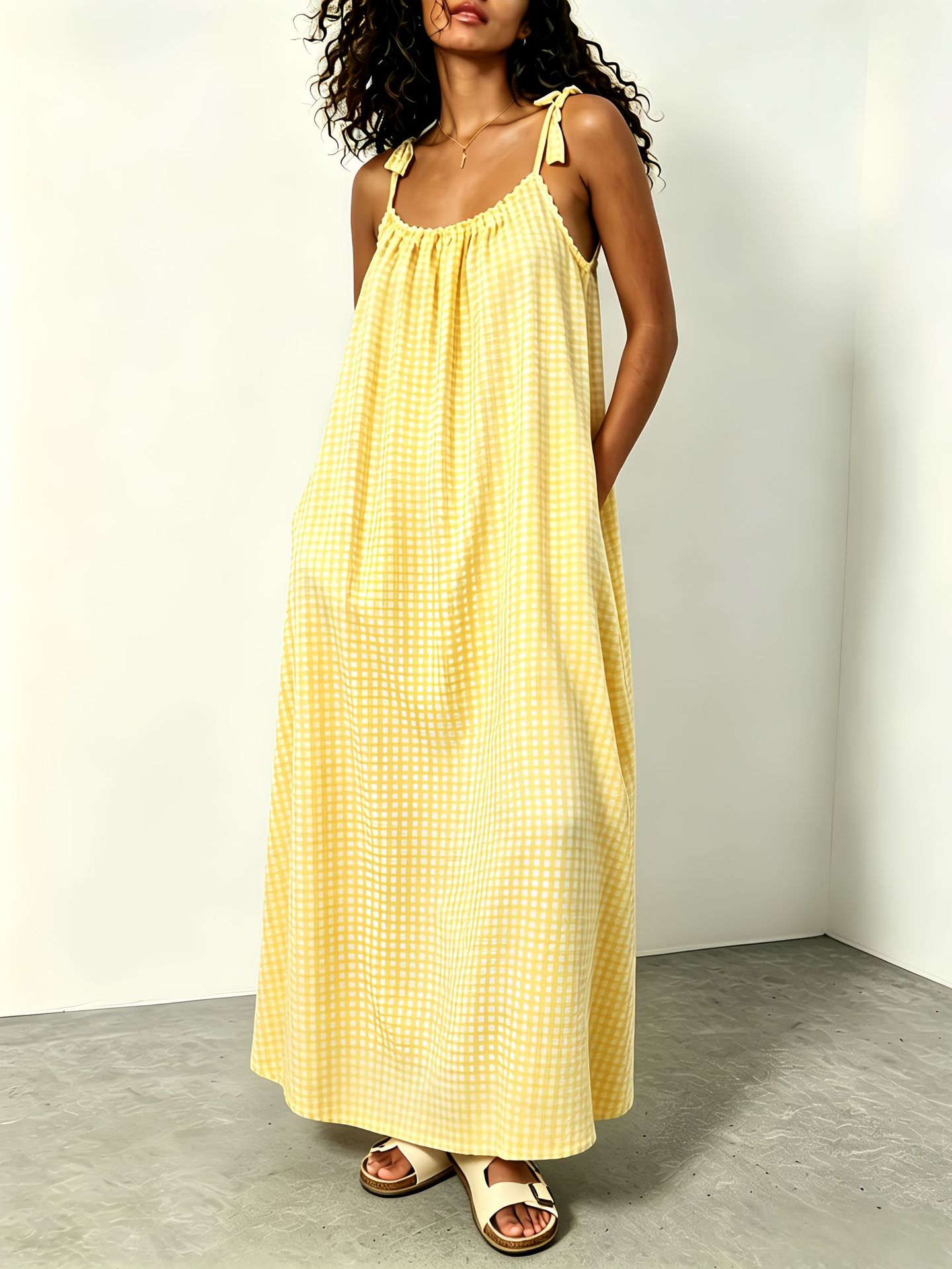 Women's Summer Sleeveless Plaid Maxi Dress Casual Loose Fit