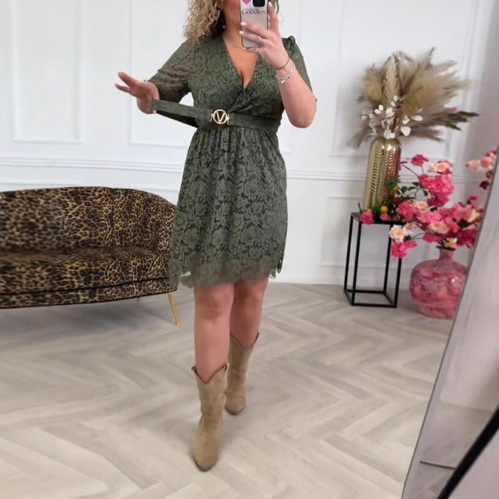 Women's Short Sleeve V-Neck Lace Midi Dress with Belt