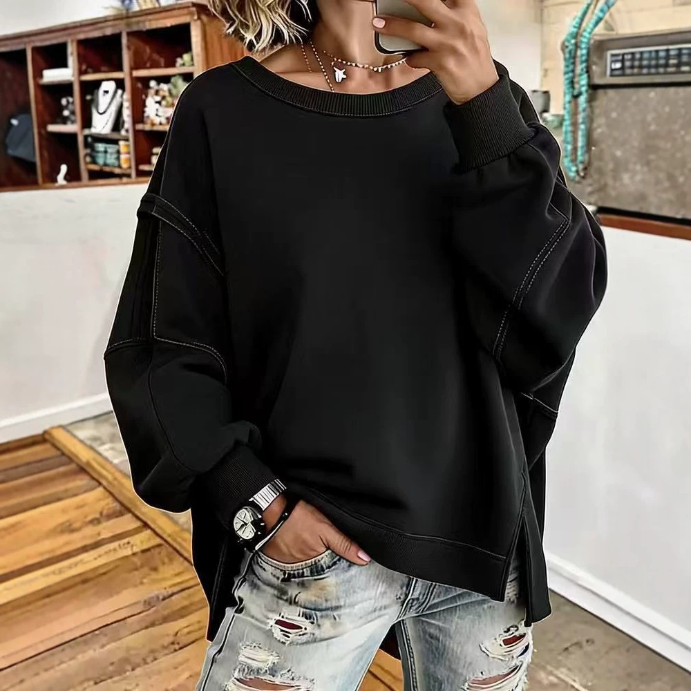 Women's Loose Crewneck Sweatshirt with Spliced Drop Shoulder Long Sleeves