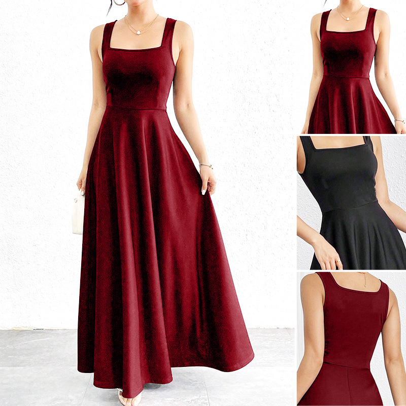 Women's Square-Neck Midi Dress with Wide Straps and Fitted Waist