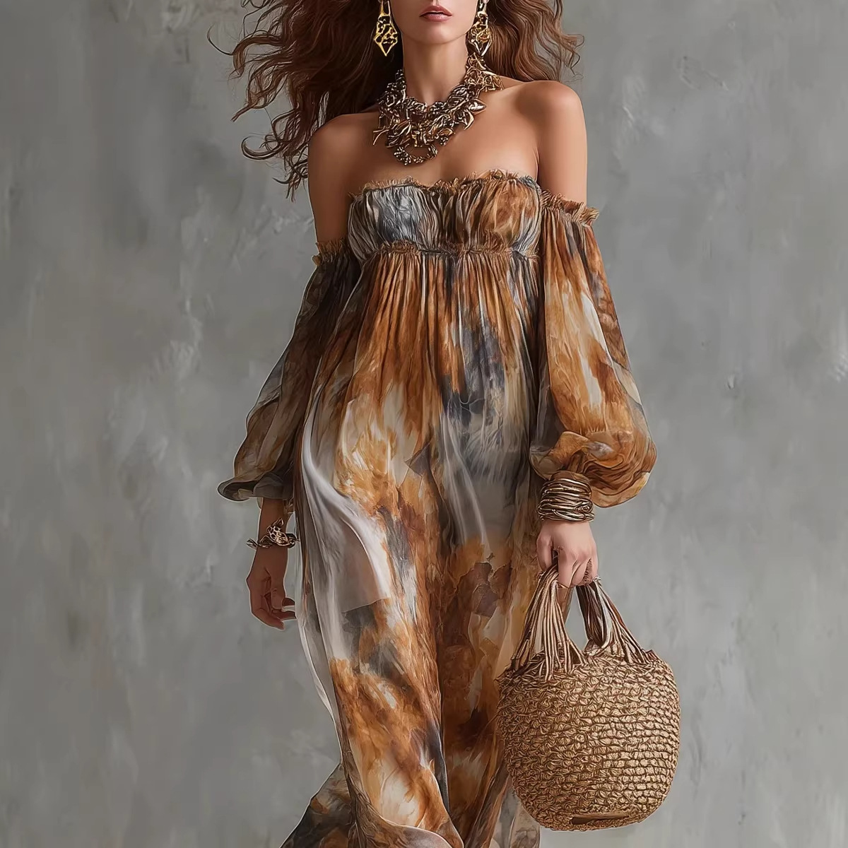 Women's Off-Shoulder Printed Maxi Dress Loose Vacation Beach Dress