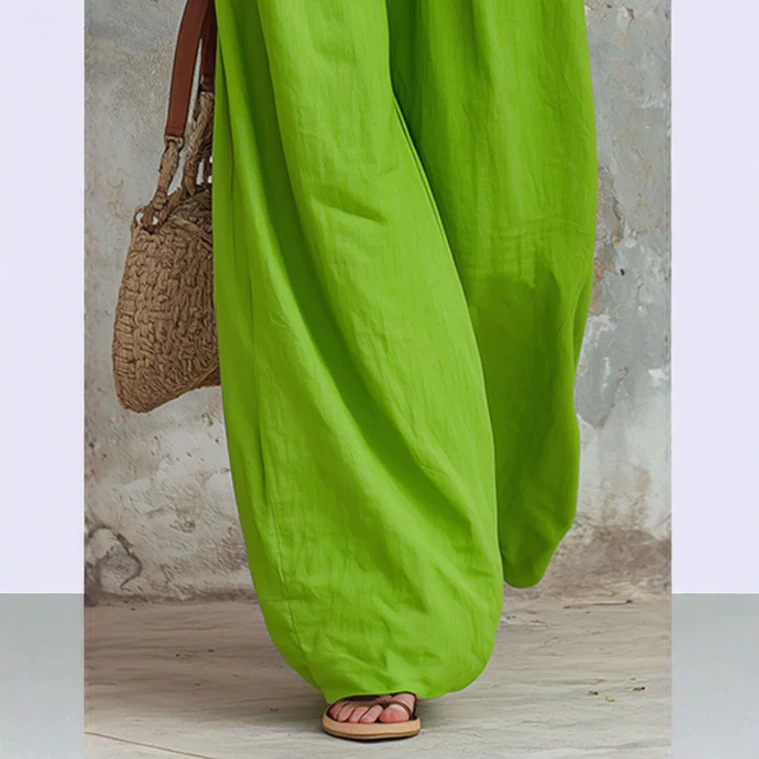 Retro Green Ruffle V-Neck Sleeveless Wide-Leg Jumpsuit