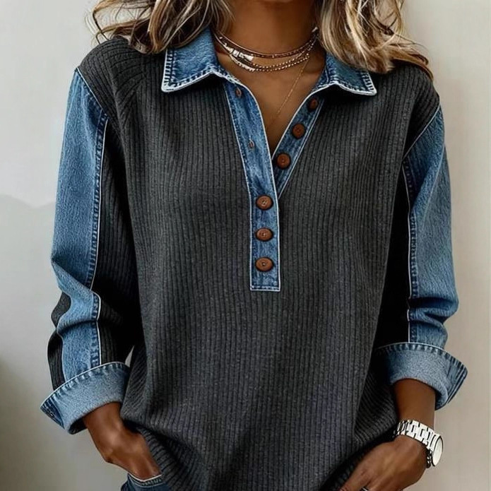 Denim Spliced Ribbed Sweatshirt with Collar