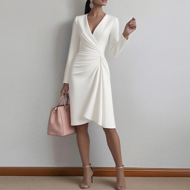 Elegant French-Style Solid Color Midi Dress with V-Neck and Long Sleeves