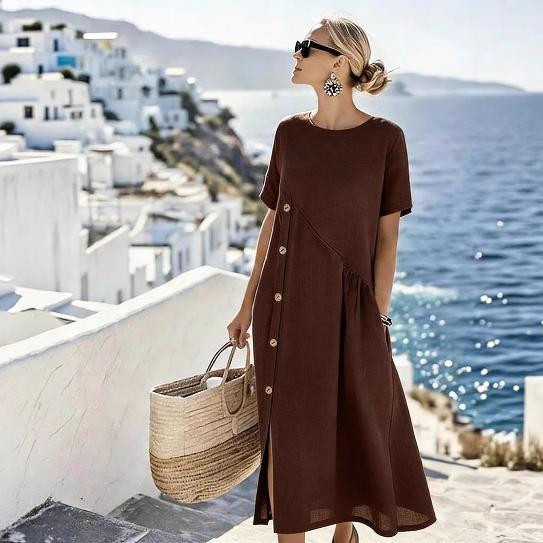 Women's Casual Button-Trim Midi Dress with Pockets
