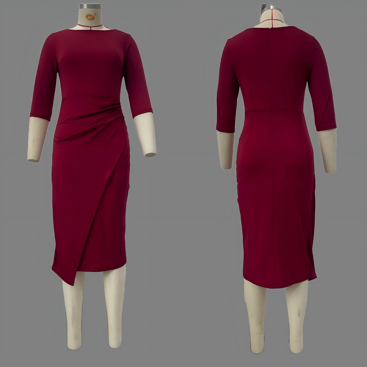 Slim Fit Pleated Midi Dress with Sleeves - Elegant Office Wear