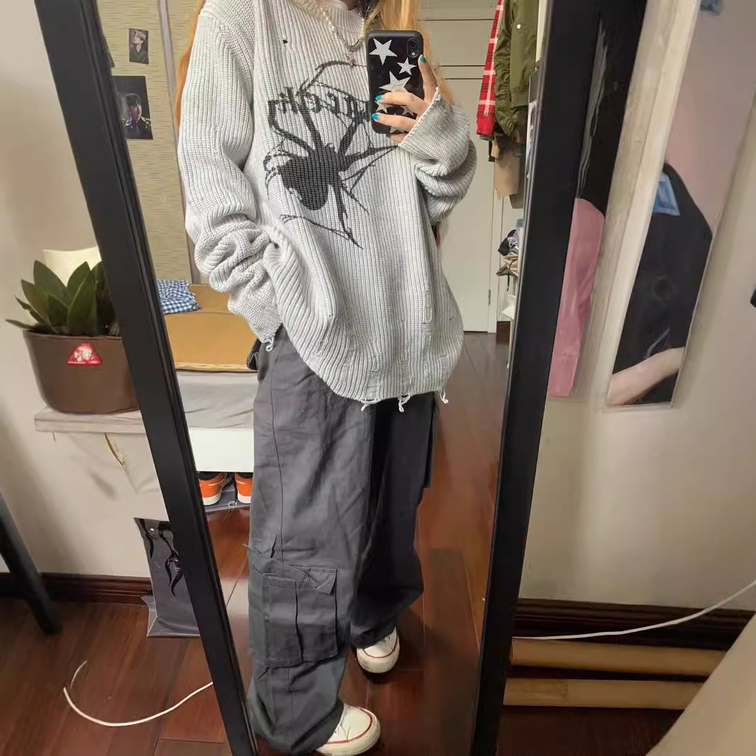 Women's Long Sleeve Loose Casual Distressed Knit Sweater