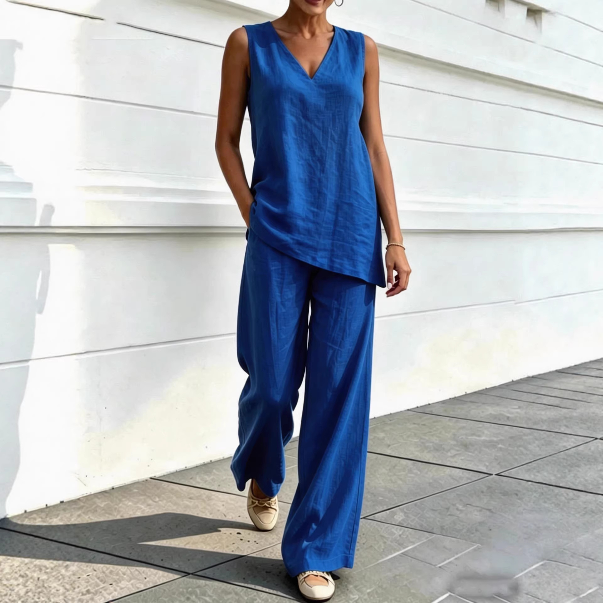 Women's V-Neck Sleeveless Top and Wide-Leg Pants Two-Piece Set
